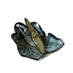 Handmade Ceramic Leaf Trinket Dish & Spreader Studio Glazed Pottery Unsigned